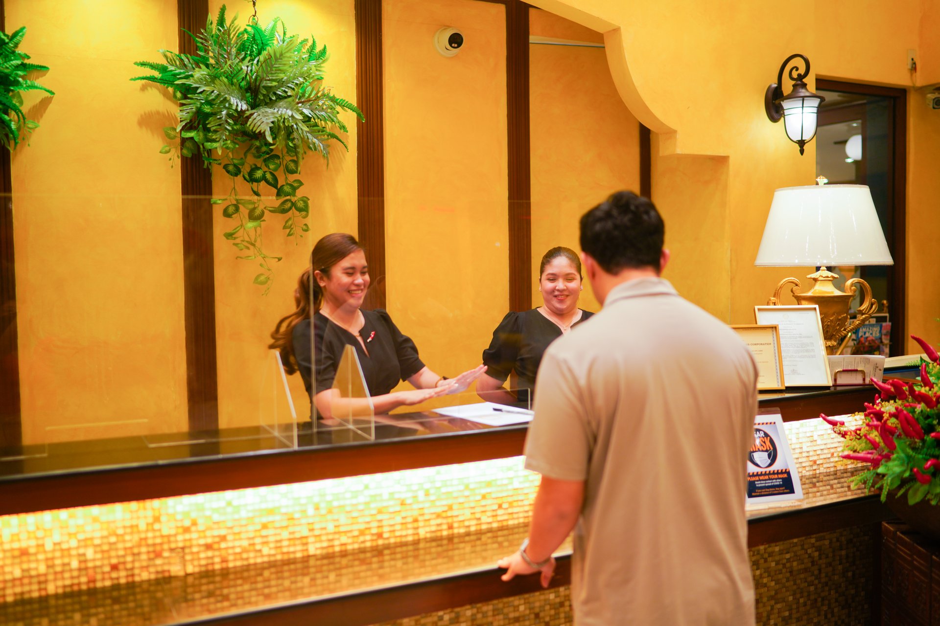 Hotel front desk and lobby
